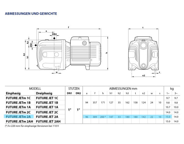 Abmessungen der Pedrollo Future JETm 2A Jetpumpe – kompakte Bauweise für flexible Installation